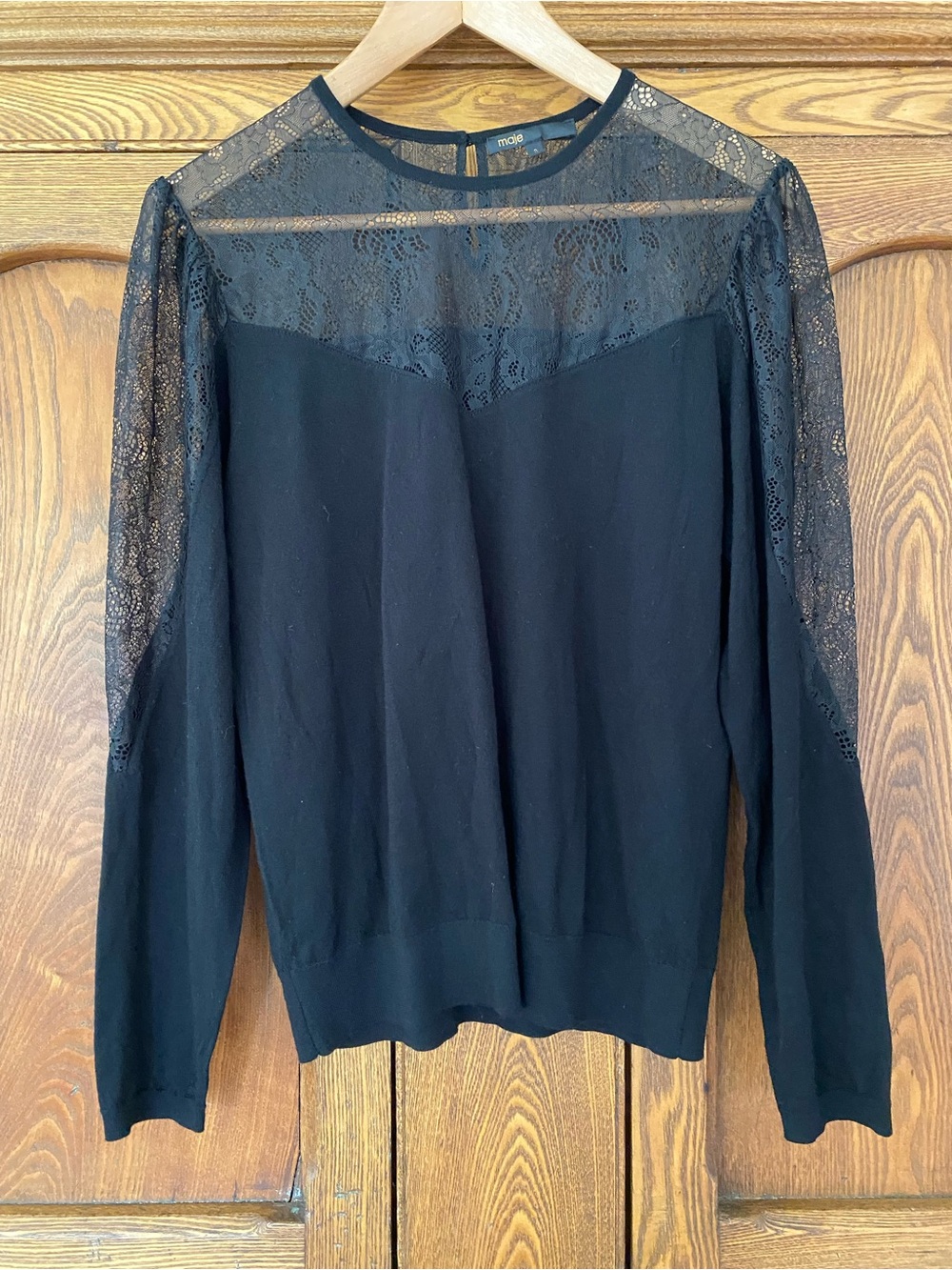Maje 3 M L black lace fine wool sweater top long sleeve button keyhole neck